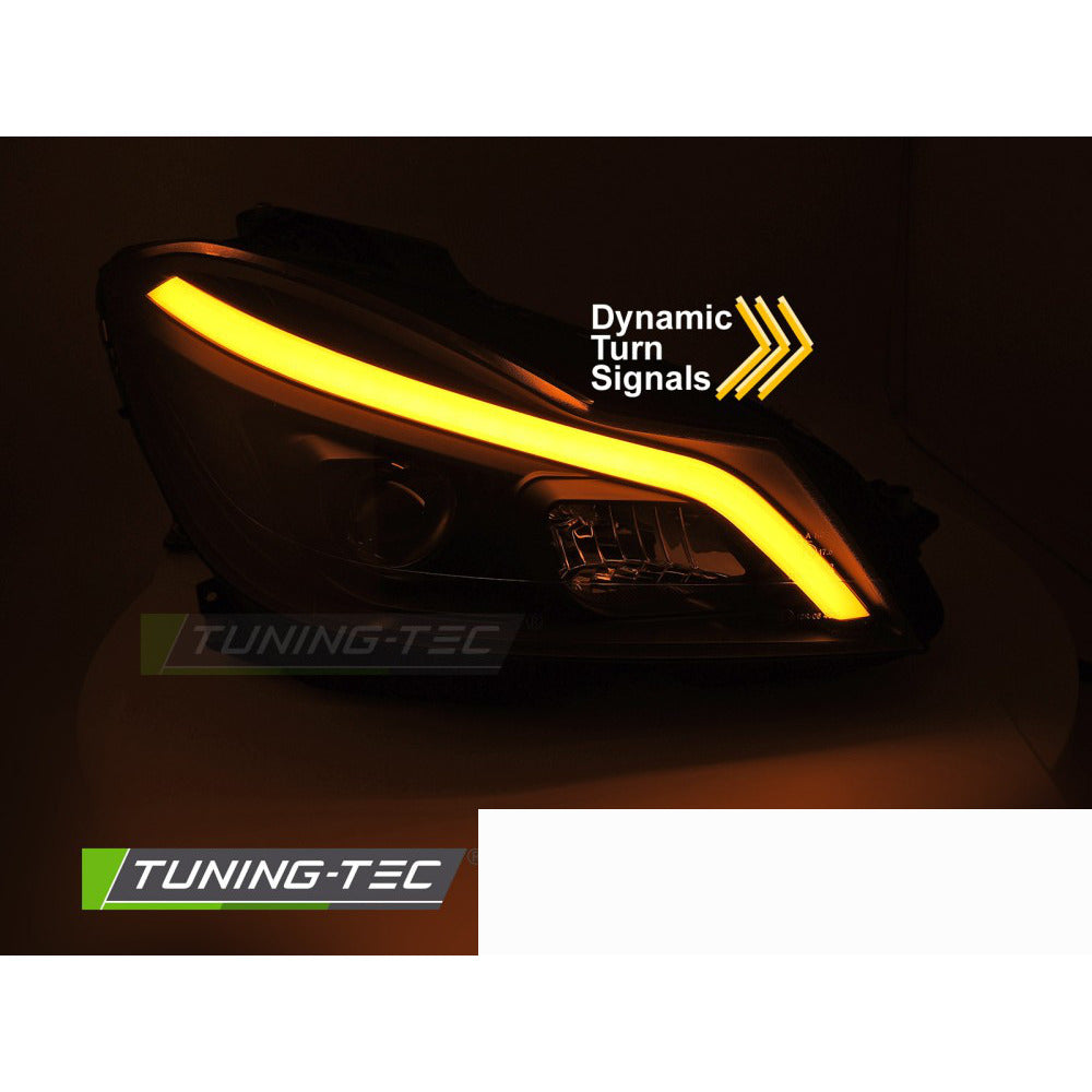 Fari Tube LED Nero Lucido Sequenziali DRL per Mercedes W204 (2011-2014)
