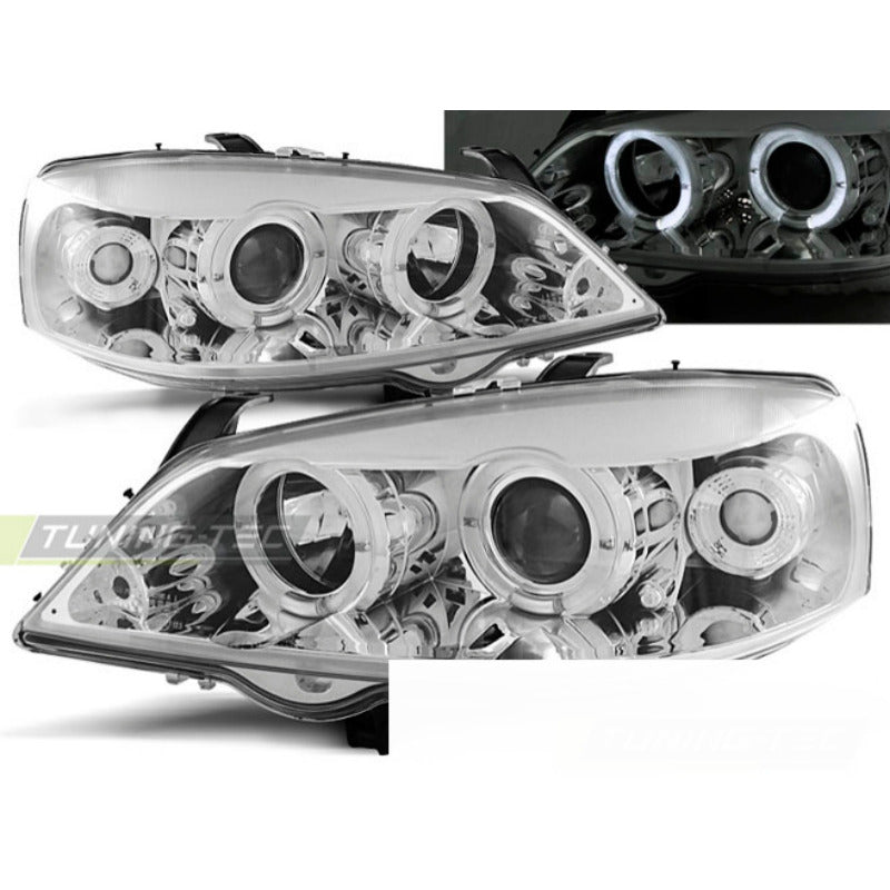 Opel Astra G 09.97-02.04 Fanali Angel Eyes Cromato Anteriori Fari Luci