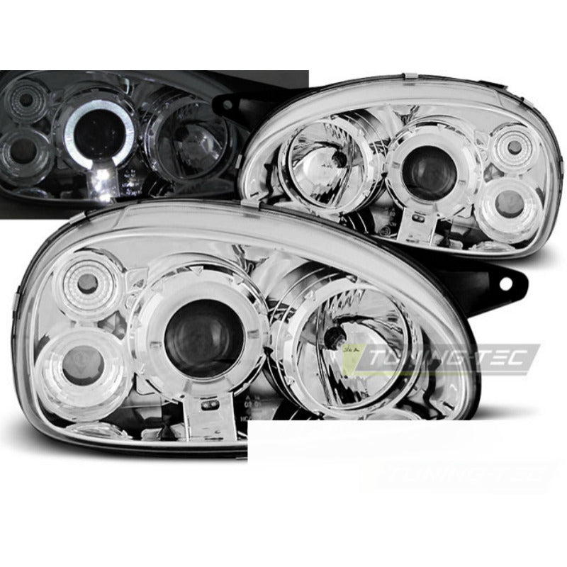 Opel Corsa B 02.93-10.00 Fanali Angel Eyes Cromato Anteriori Finitura Cromo