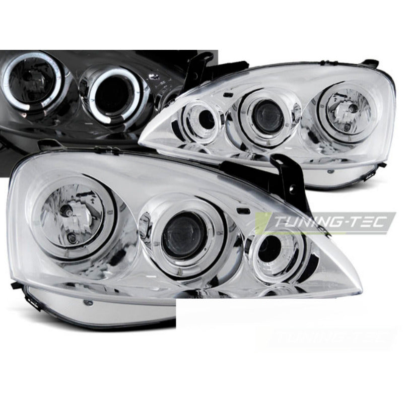 Opel Corsa C 11.00 - 09.06 Fanali Angel Eyes Cromato Anteriori con LED