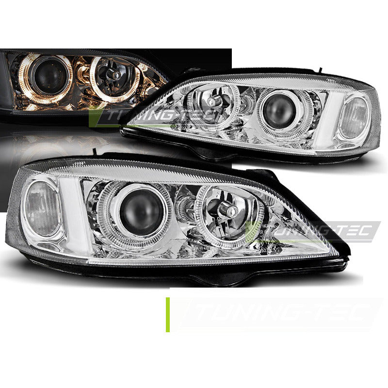 Opel Astra G 09.97-02.04 Fanali Angel Eyes Cromato Anteriori LED Luci