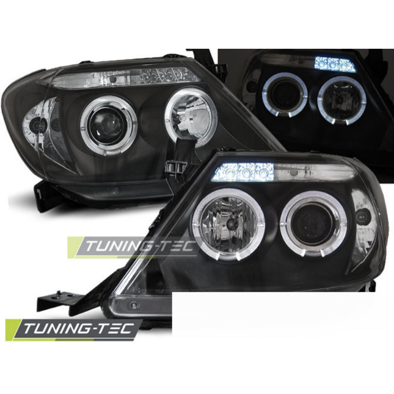 Toyota Hilux 05-11 Angel Eyes Nero Fari Anteriori LED Neri per Pickup 05-11