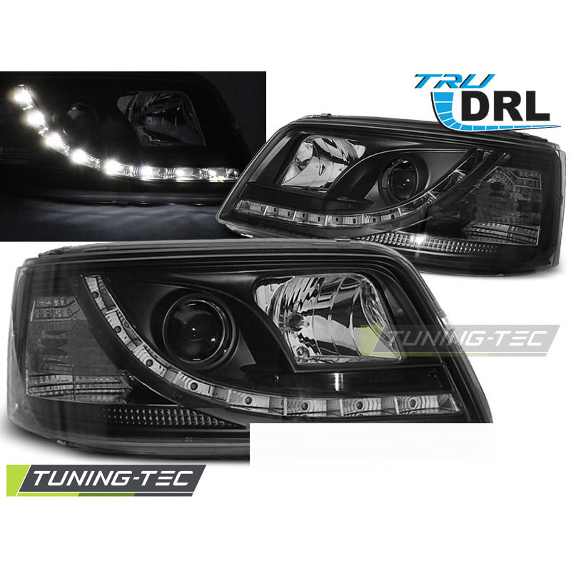 Fari Anteriori LED Diurni Neri per Volkswagen T5 (04.03-08.09)
