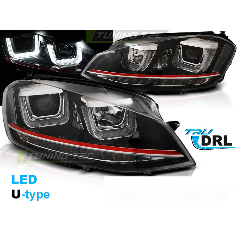 Fari U-Led Luci Diurne Nere Linea Rossa per Volkswagen Golf VII (2012-2017)