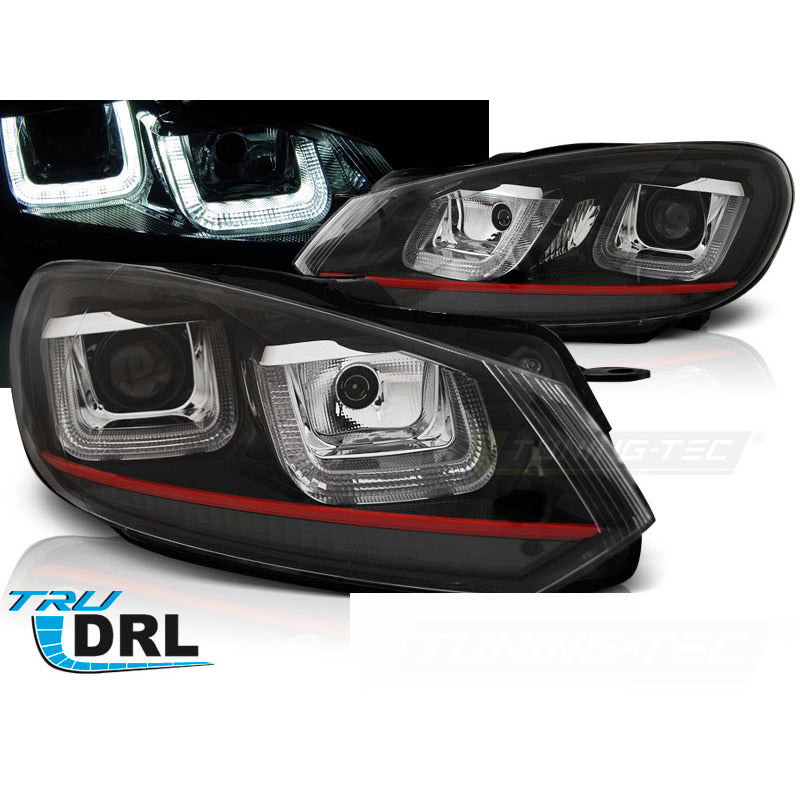 Fari Anteriori U-LED Neri con Linea Rossa per Volkswagen GOLF VI (08-12)