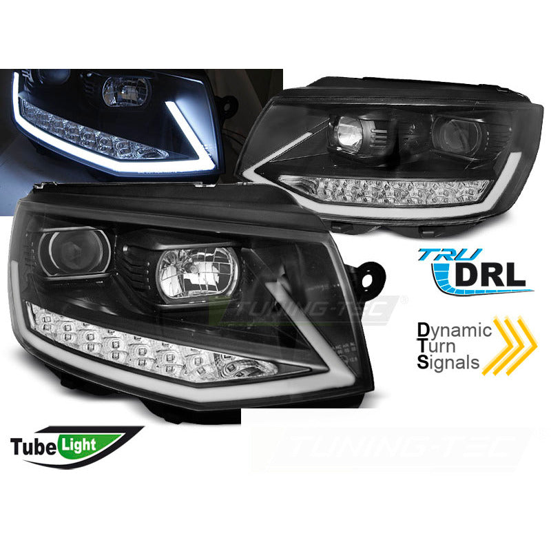 Fari Anteriori Tubo Luci Diurne Neri Cromati Sequenziali per Volkswagen T6 15-19