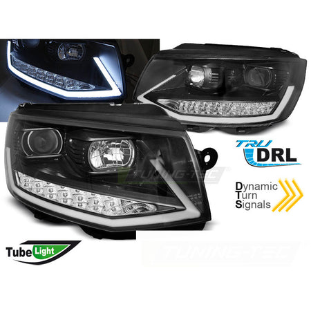 Fari Anteriori Tubo Luci Diurne Neri Cromati Sequenziali per Volkswagen T6 15-19