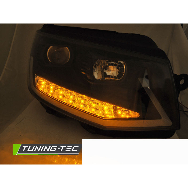 Fari Anteriori Tubo Luci Diurne Neri Cromati Sequenziali per Volkswagen T6 15-19