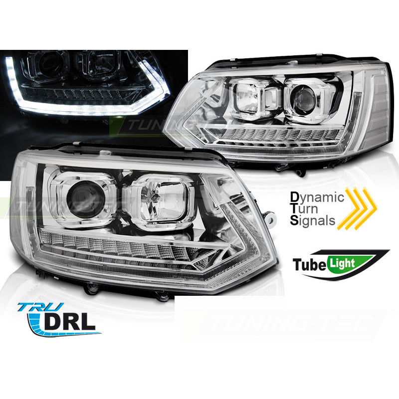 Fari Anteriori Luci a Tubo LED Cromati Sequenziali per Volkswagen T5 2010-2015