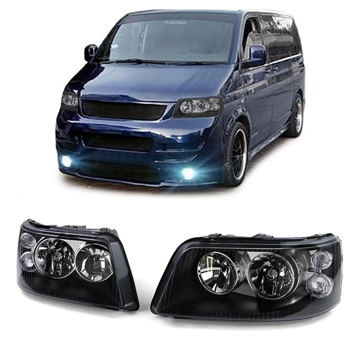 Fari Anteriori Neri Vetro Trasparente H7 H1 con Motorino Regolazione VW Bus T5
