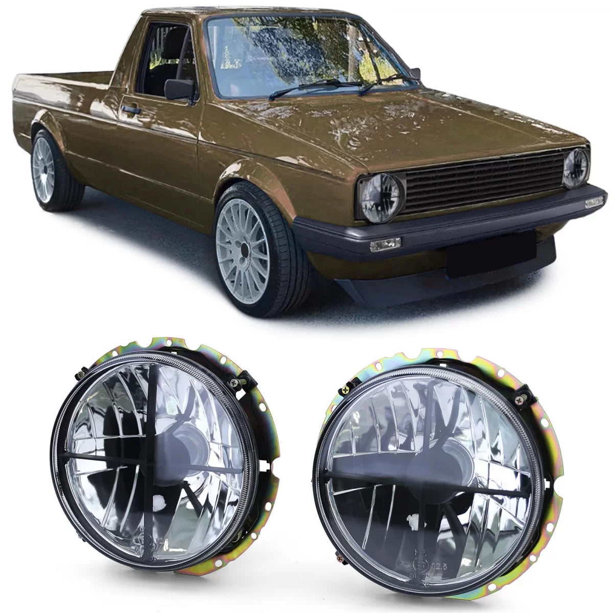 Fari Anteriori Vetro Trasparente Neri con Griglia per VW Caddy I 82-92 Jetta