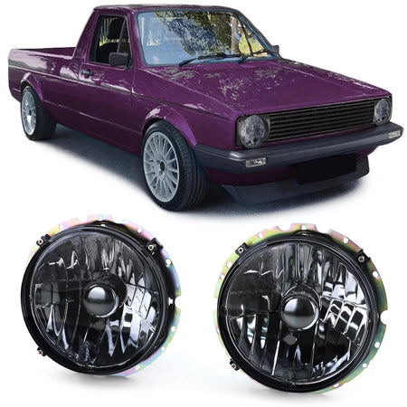 Fari Anteriori Vetro Trasparente Fumo Nero H4 Coppia per VW Caddy I 82-92 Jetta