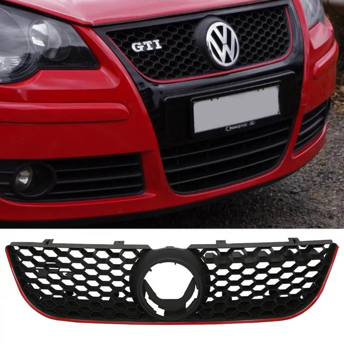 Griglia Anteriore Nido D'ape con Linea Rossa per VW Polo 9N3 05-09 GTI Look