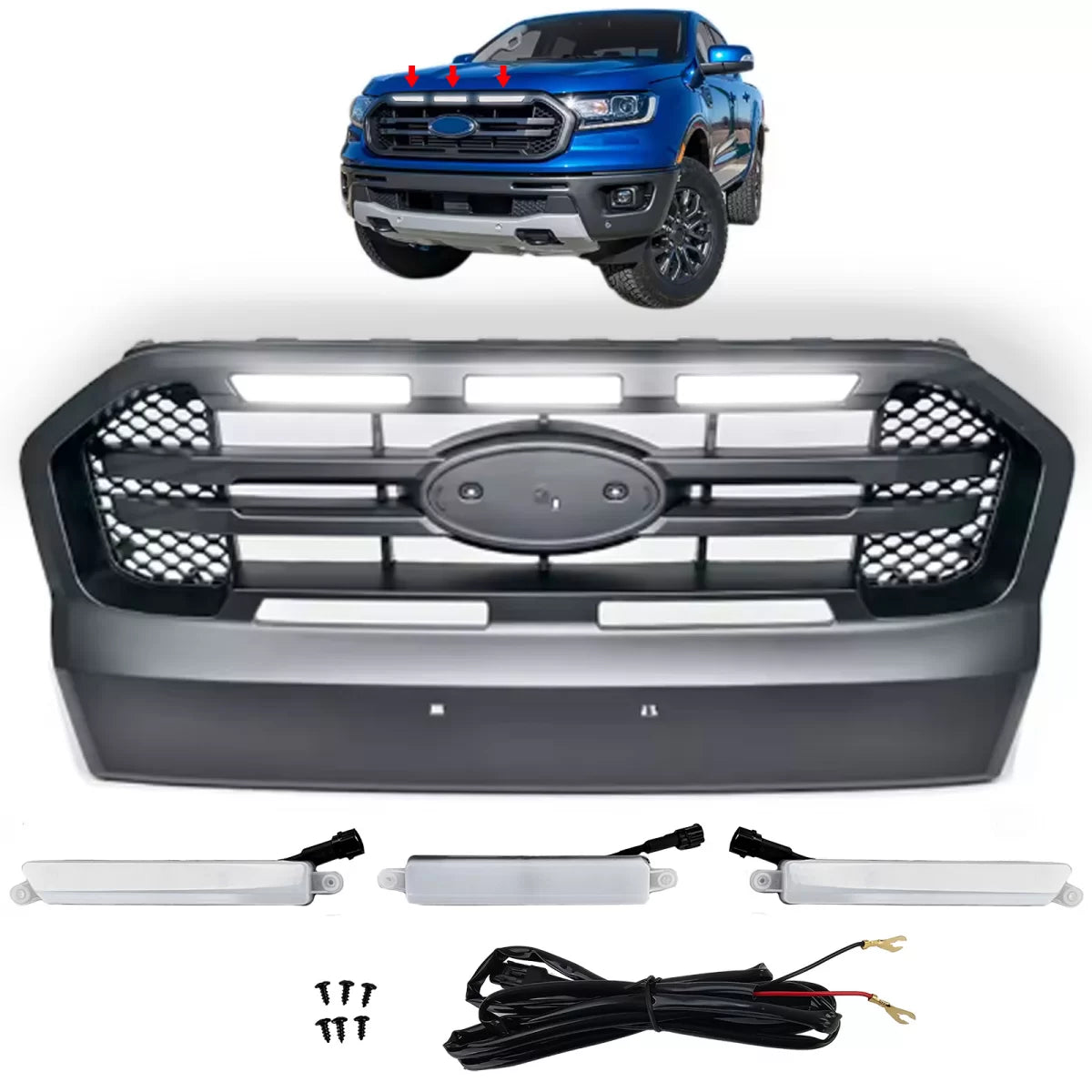 Griglia Anteriore con LED Doppia Barra Nera per Ford Ranger T7 16-19