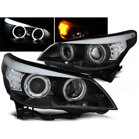 Fari Angel Eyes LED Neri con Indicatori per BMW E60 E61 03-07