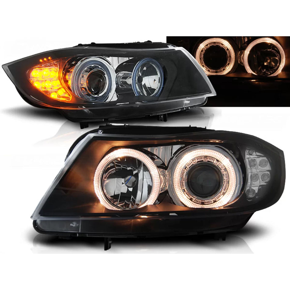 Fari Angel Eyes Neri LED Indicatori Anteriori per BMW E90 E91 03.05-08.08