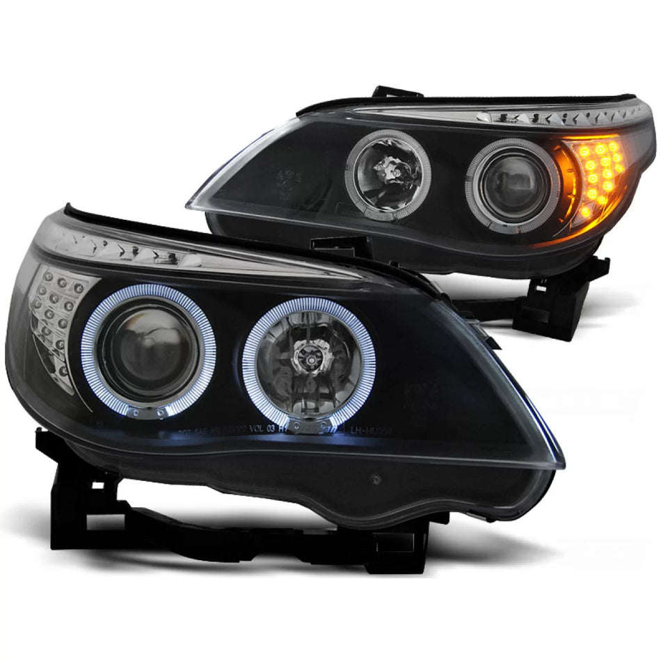 Fari Anteriori LED Angel Eyes Neri con Indicatori BMW E60 E61 03-07