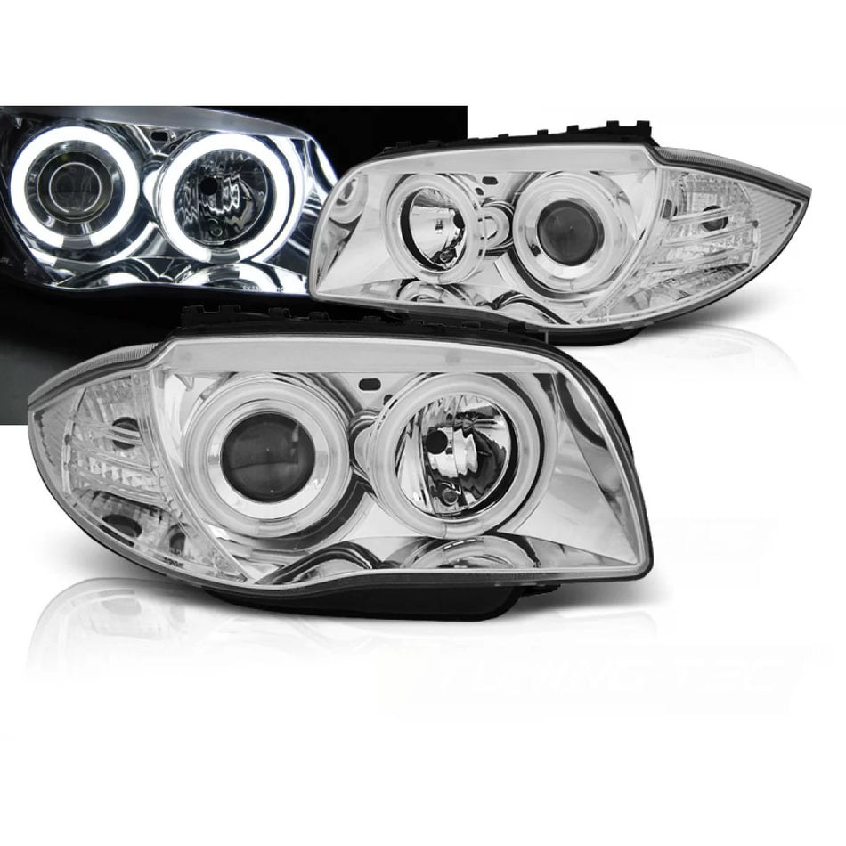 Fari Angel Eyes CCFL Cromati Anteriori per BMW 1 E81 E82 E87 E88 04-11