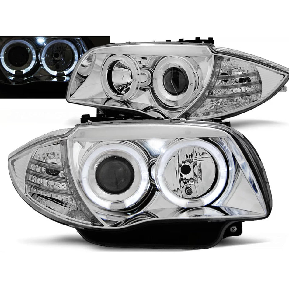 Fari Angel Eyes Cromati Anteriori per BMW 1 E81 E82 E87 E88 04-11