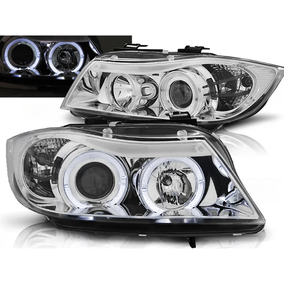 Fari Angel Eyes Cromati Anteriori per BMW E90 E91 03.05-08.08