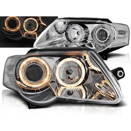 Fari Angel Eyes Cromati Anteriori per VW Passat B6 3C 03.05-10