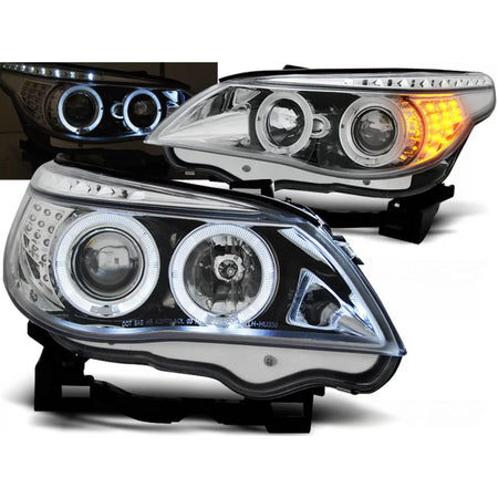 Fari Angel Eyes LED con Indicatori Cromati Anteriori per BMW E60 E61 03-07