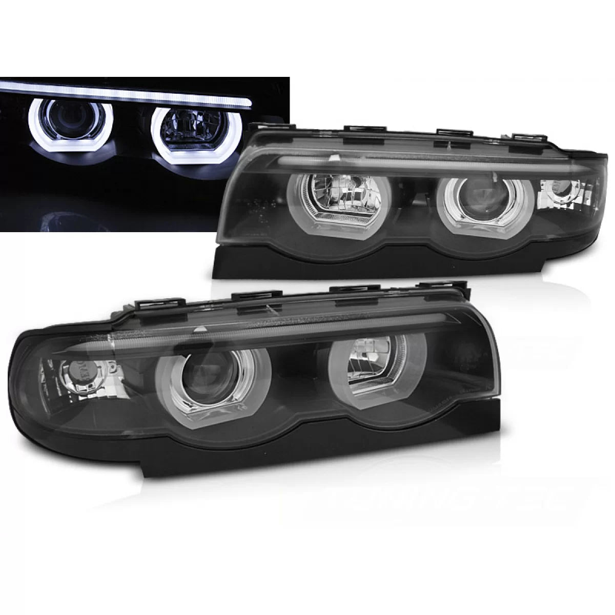 Fari Angel Eyes LED 3D Neri Anteriori per BMW E38 94-01