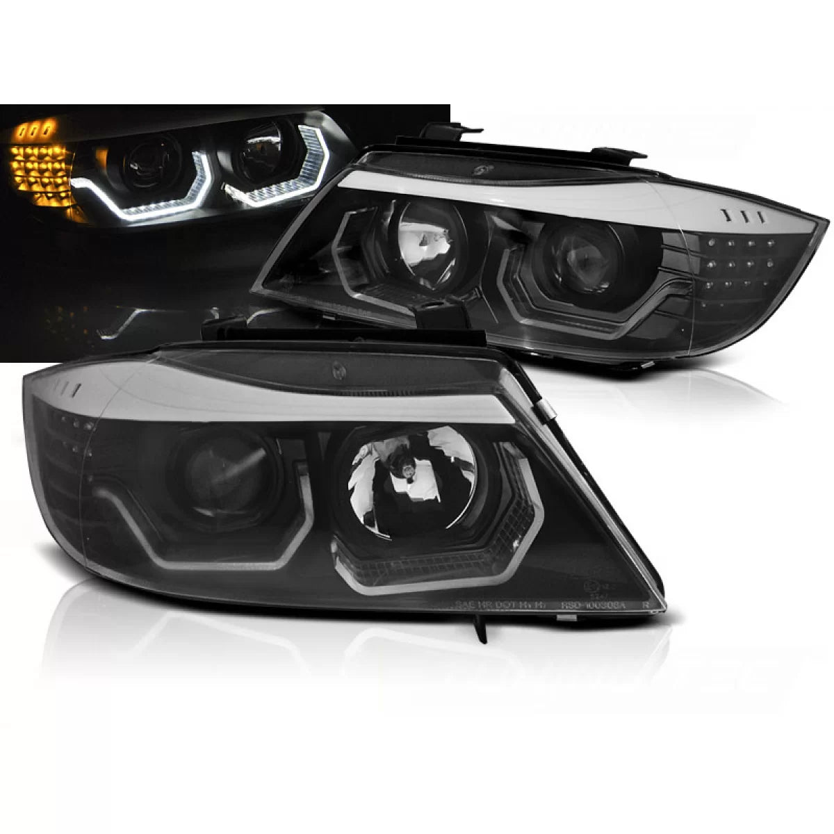 Fari Angel Eyes LED 3D Neri Anteriori per BMW E90 E91 05-08