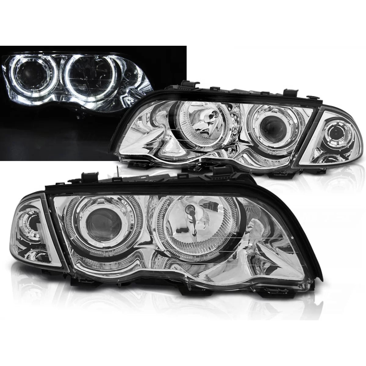 Fari Angel Eyes LED Cromati Anteriori per BMW E46 05.98-08.01 S/t