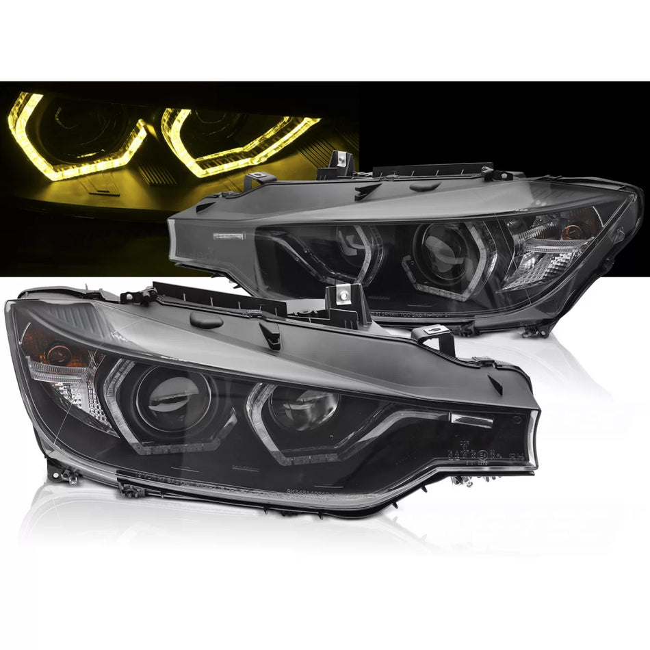 Fari Angel Eyes LED Gialli Luci Diurne Anteriori Neri per BMW F30 F31 11-15