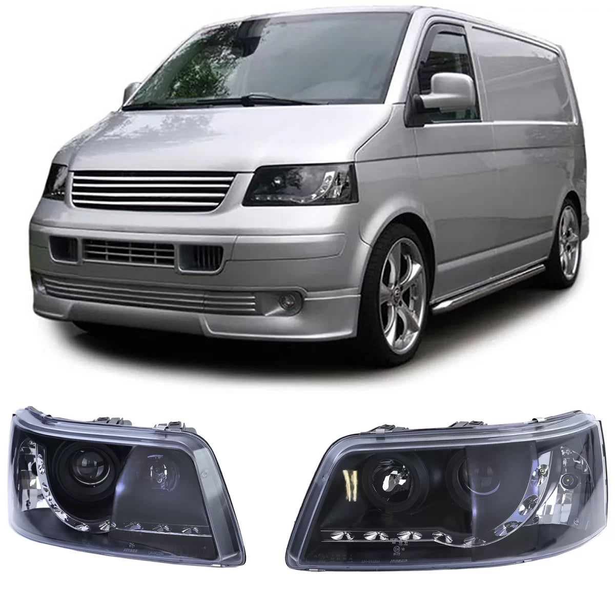 Fari con Luce Diurna LED Neri Anteriori per VW Transporter Bus T5 03-09