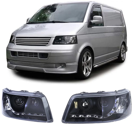 Fari con Luce Diurna LED Neri Anteriori per VW Transporter Bus T5 03-09