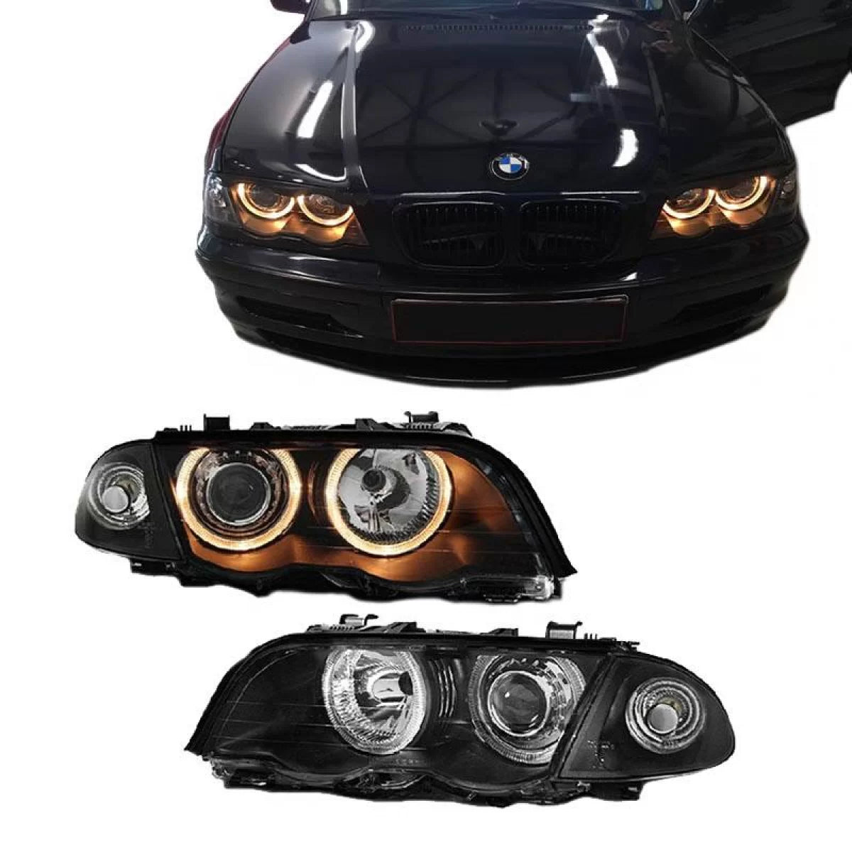 Fari Anteriori Angel Eyes Neri H7 Set Dx Sx per BMW 3 E46 Berlina Caravan 99-01