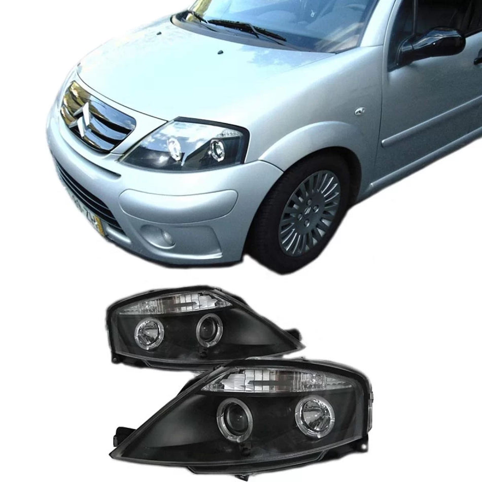 Fari Anteriori Angel Eyes Neri H1/h1 Manuali per Citroën C3 02-09