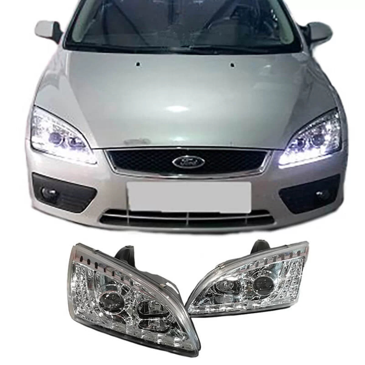 Fari Anteriori con Luci Diurne e LED Segnale Cromati per Ford Focus 04-08