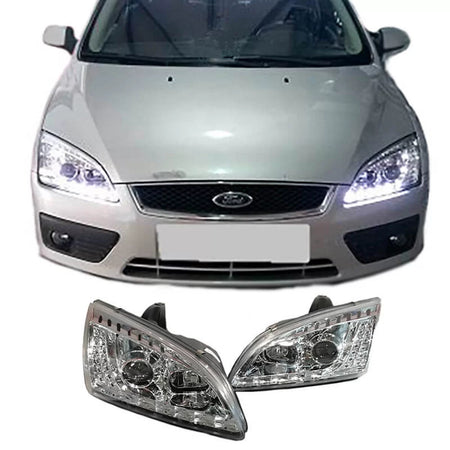 Fari Anteriori con Luci Diurne e LED Segnale Cromati per Ford Focus 04-08