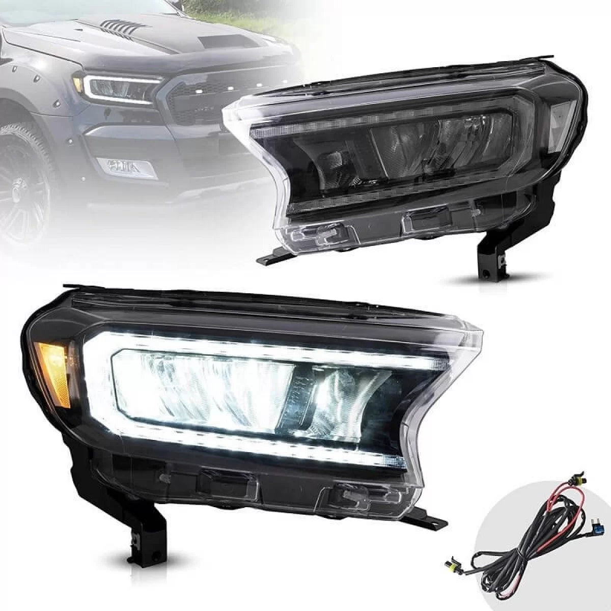 Fari Anteriori Full LED con DRL Dinamico Neri per Ford Ranger 15-20