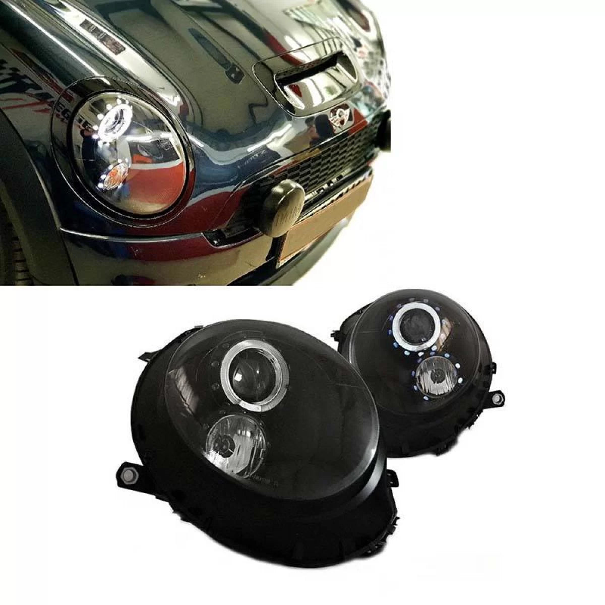 Fari Anteriori Angel Eyes Neri H9 con Motor Mini Cooper R55/56/57/58/59 06-13