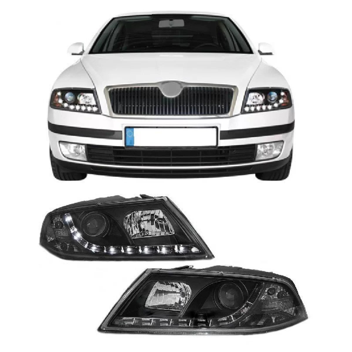 Fari Anteriori con Luci Diurne DRL Nero H7/h1 per Skoda Octavia 1Z 04-08
