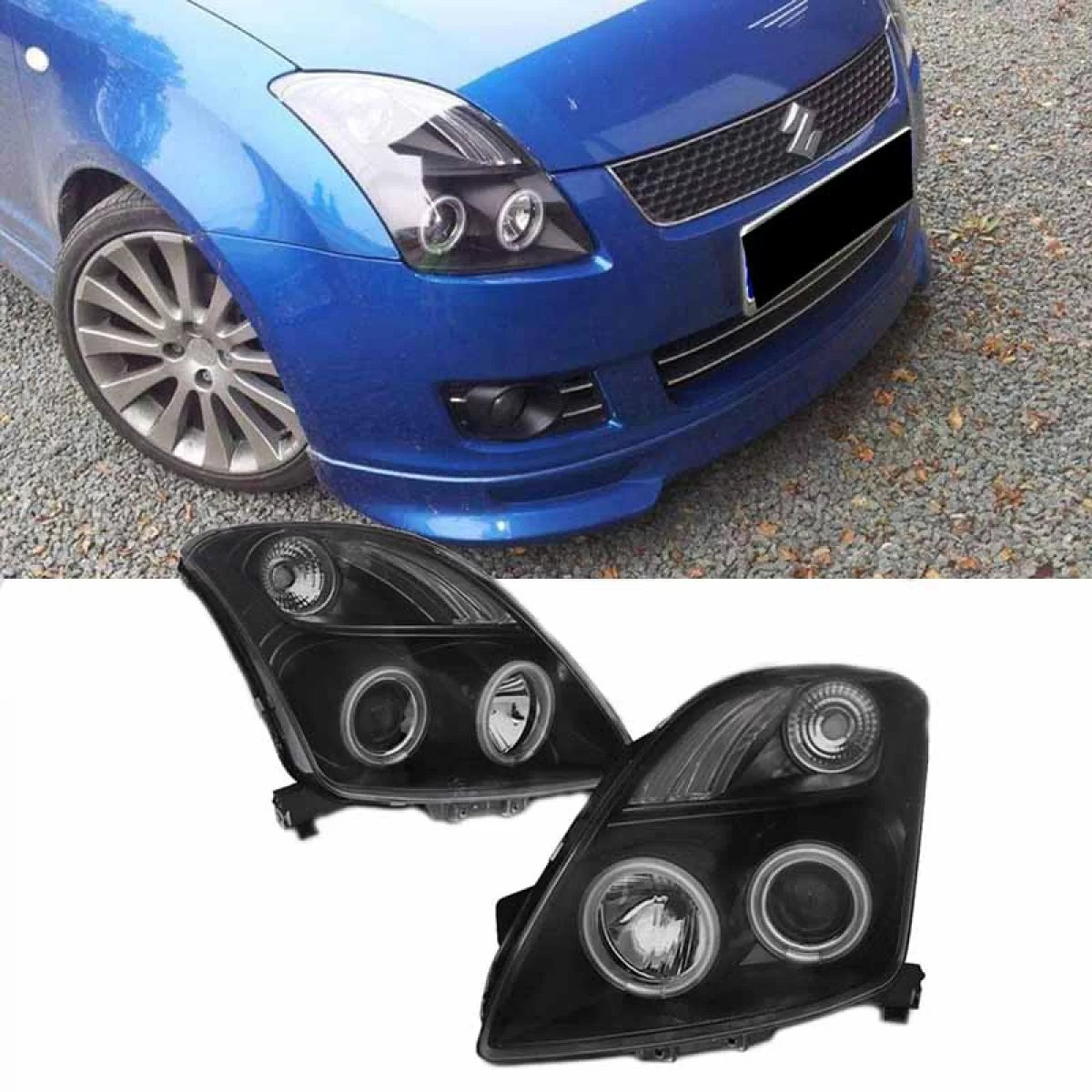 Fari Anteriori Neri CCFL Angel Eyes H1 per Suzuki Swift 05-10