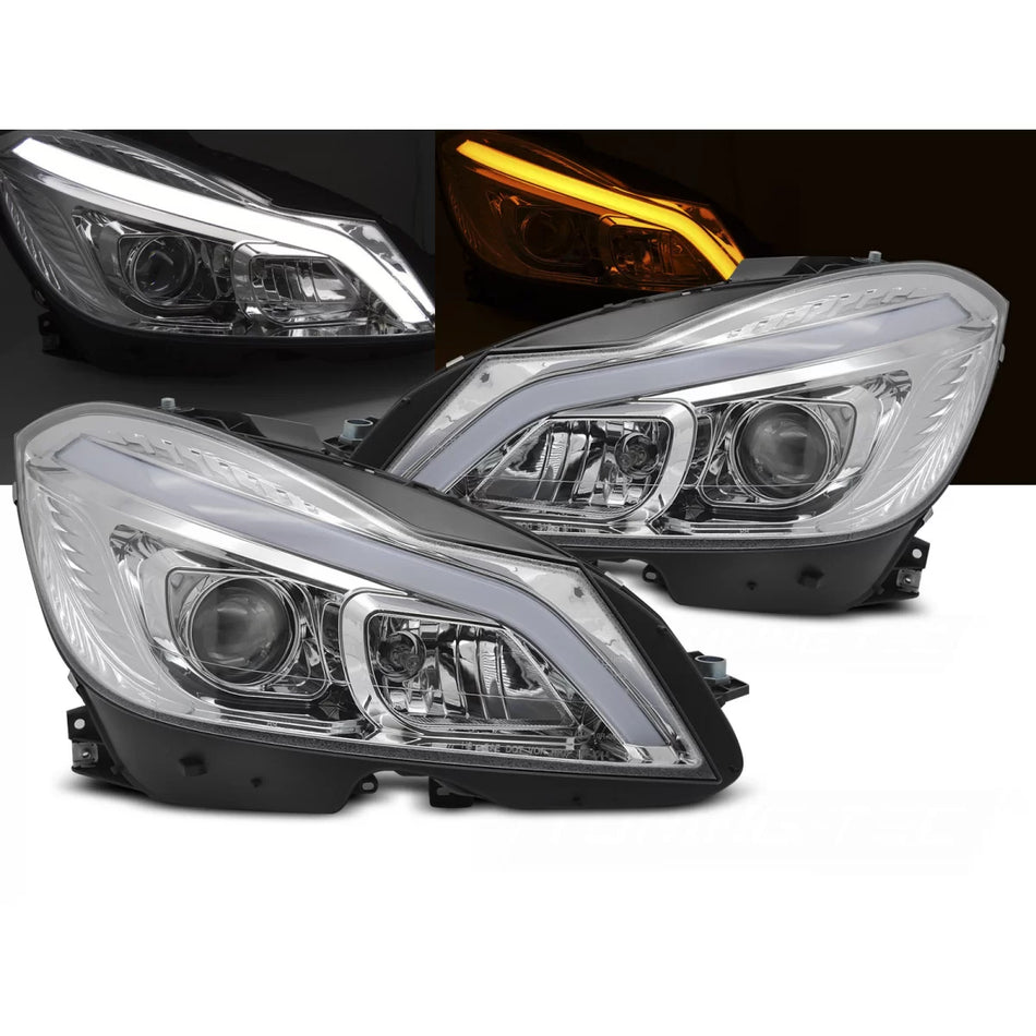 Faro Anteriore Tubo LED Cromato con DRL Sequenziale per Mercedes W204 11-14