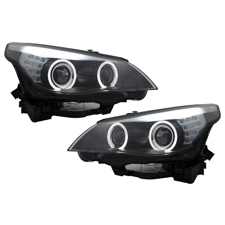 Fari LED Angel Eyes Anteriori Neri LCI per BMW Serie 5 E60 E61 2003-2007 LHD