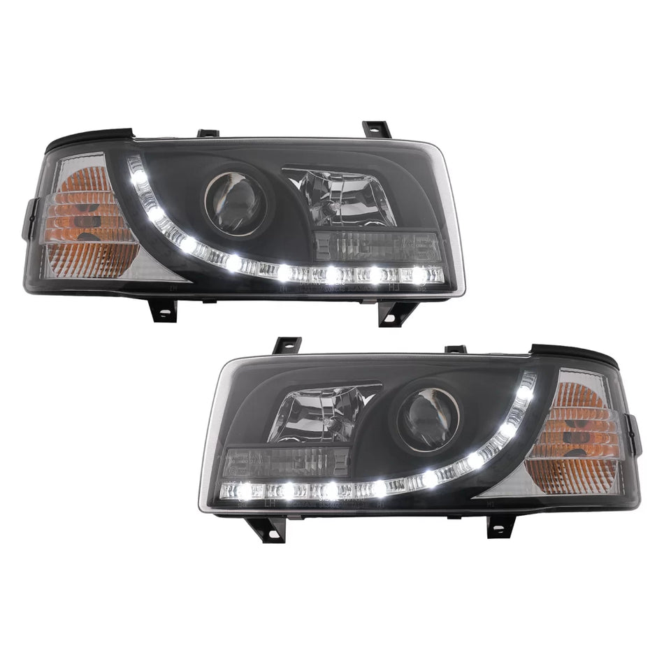 Fari LED Diurni Anteriori Neri per Volkswagen Transporter T4 1990-2003