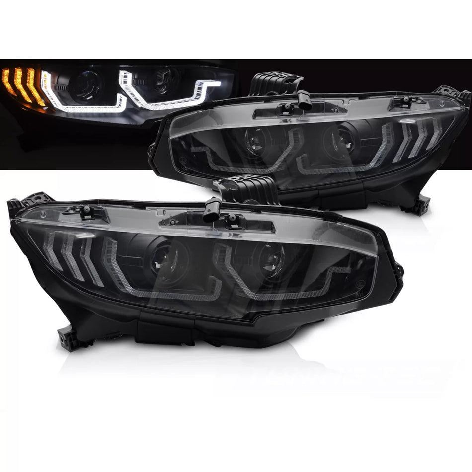 Fari Anteriori LED Neri con Luci Diurne Sequenziali per Honda Civic X 16-21