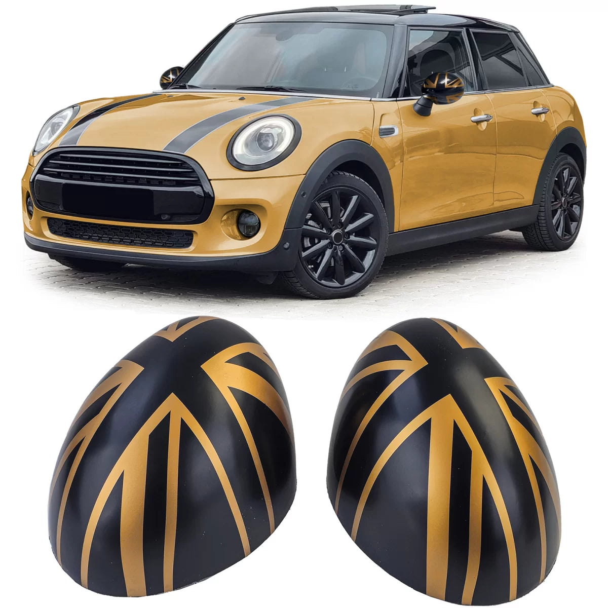 Calotte Specchietti Union Jack Nero Oro per Mini F54 F55 F56 F57 13-18