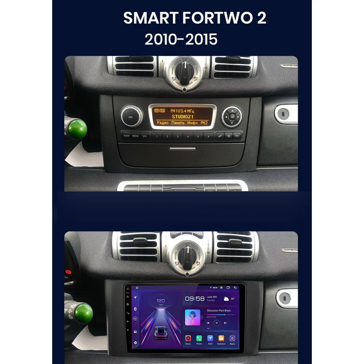 Navigatore 9 Pollici 6Gb Ram 128Gb Bluetooth WiFi per Smart per Two 2010-2015