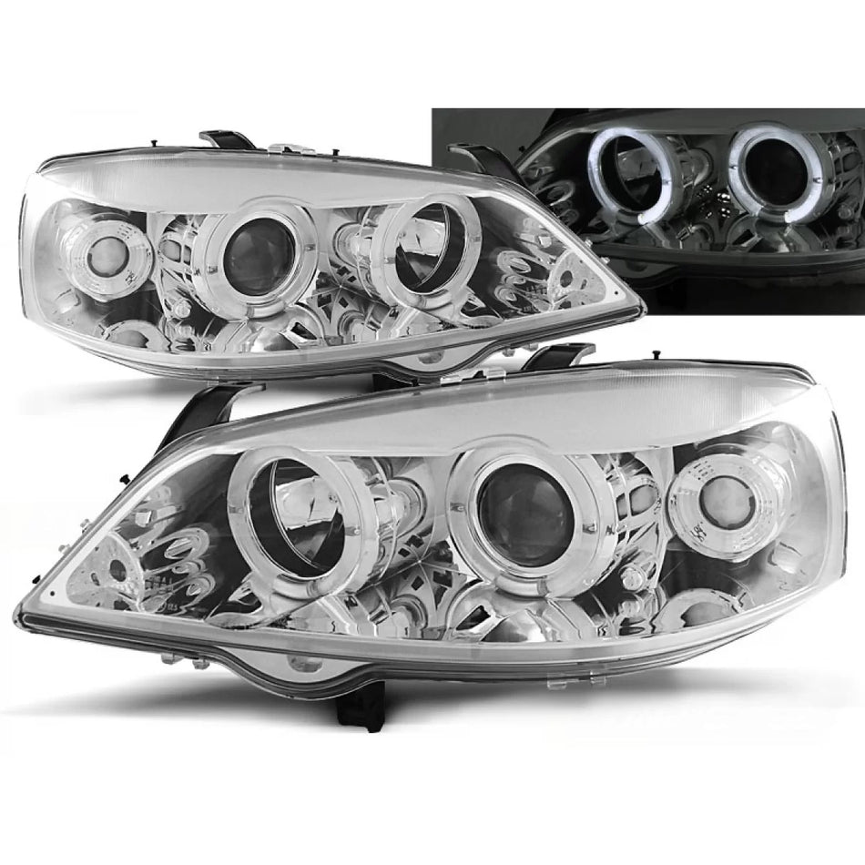 Fanali Angel Eyes Cromati Anteriori per Opel Astra G 09.97-02.04