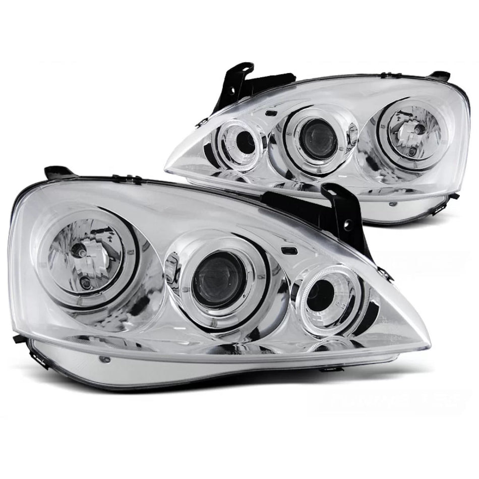 Fanali Angel Eyes Cromati per Opel Corsa C 11.00 - 09.06