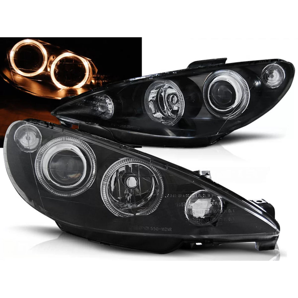 Fanali Angel Eyes Neri Anteriori per Peugeot 206 1998-2006