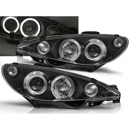 Fanali Angel Eyes Neri Anteriori per Peugeot 206 2002 in Poi